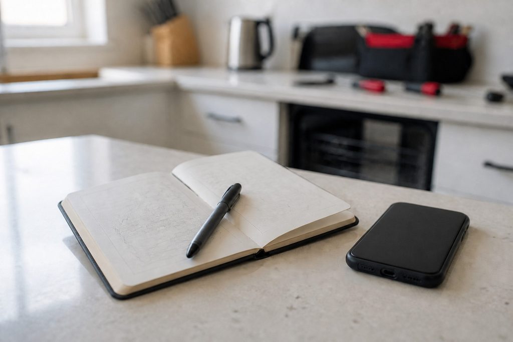 A small notebook open on a kitchen counter with a pen across it, handwriting deliberately illegible, a phone face down beside it.