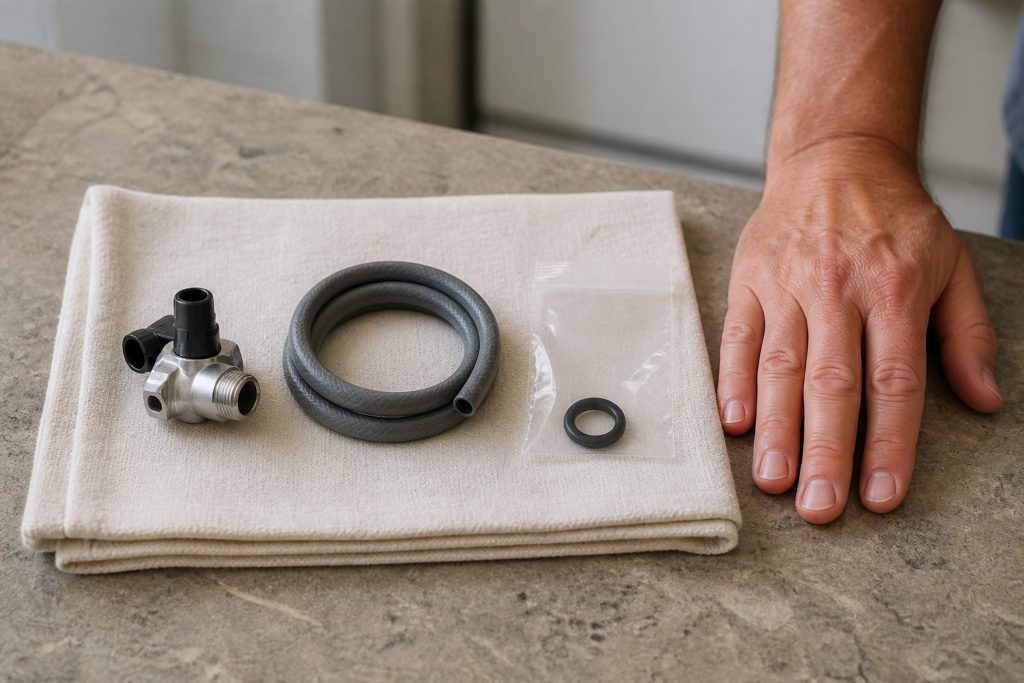 Three small replacement parts laid out on a folded cloth on a stone counter — a valve, a length of hose and a bagged seal — with a hand resting beside them.