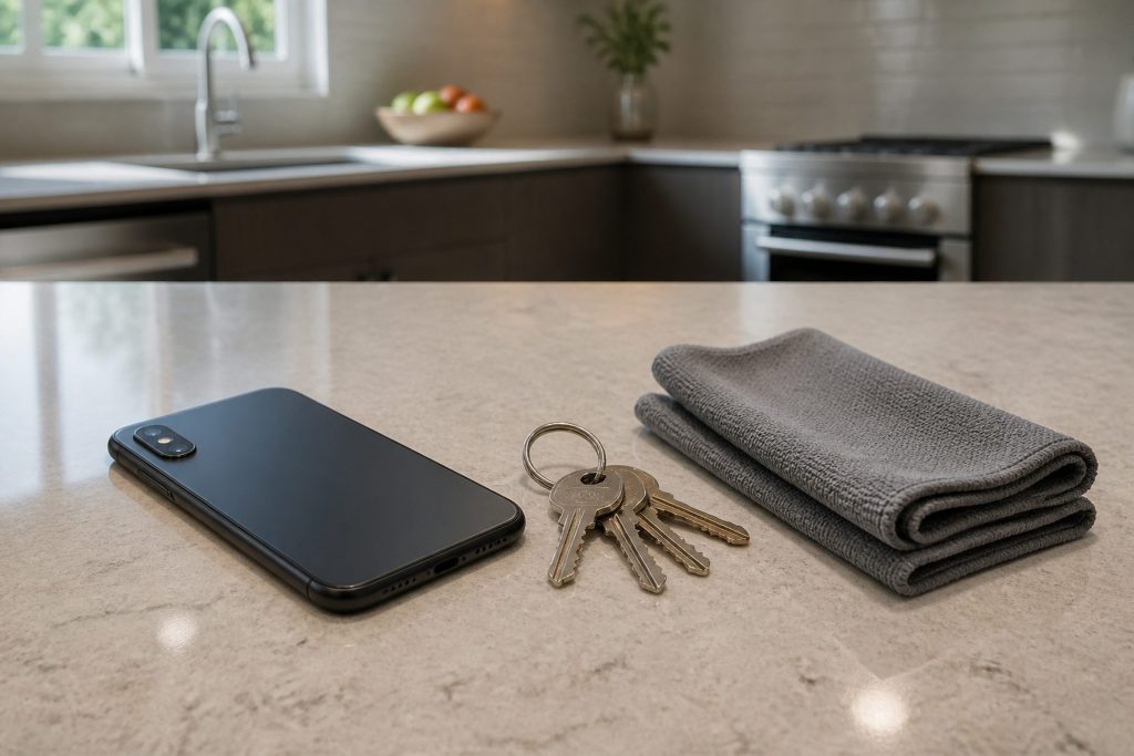 A phone lying face down on a pale stone counter with a bunch of keys and a folded grey cloth beside it.