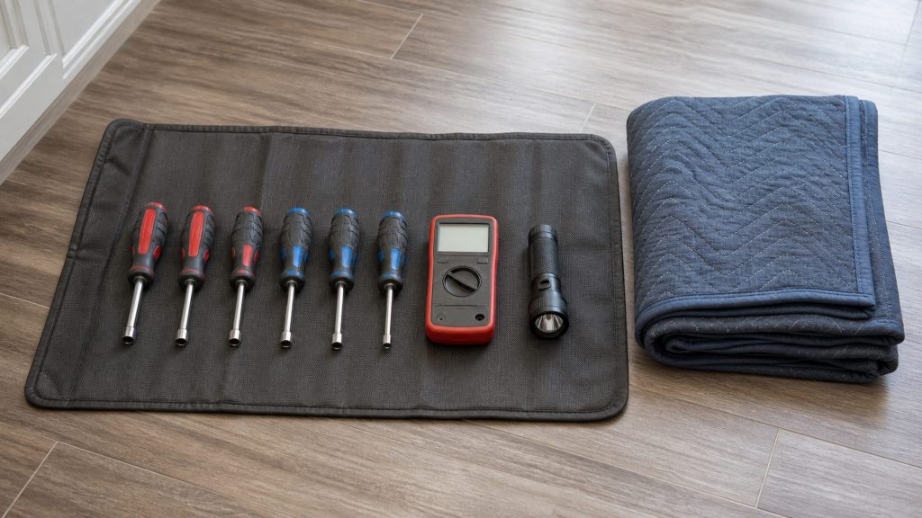 A folding work mat laid on a kitchen floor with hand tools set out on it in a row — nut drivers, a multimeter, a torch — and a folded moving blanket beside them.