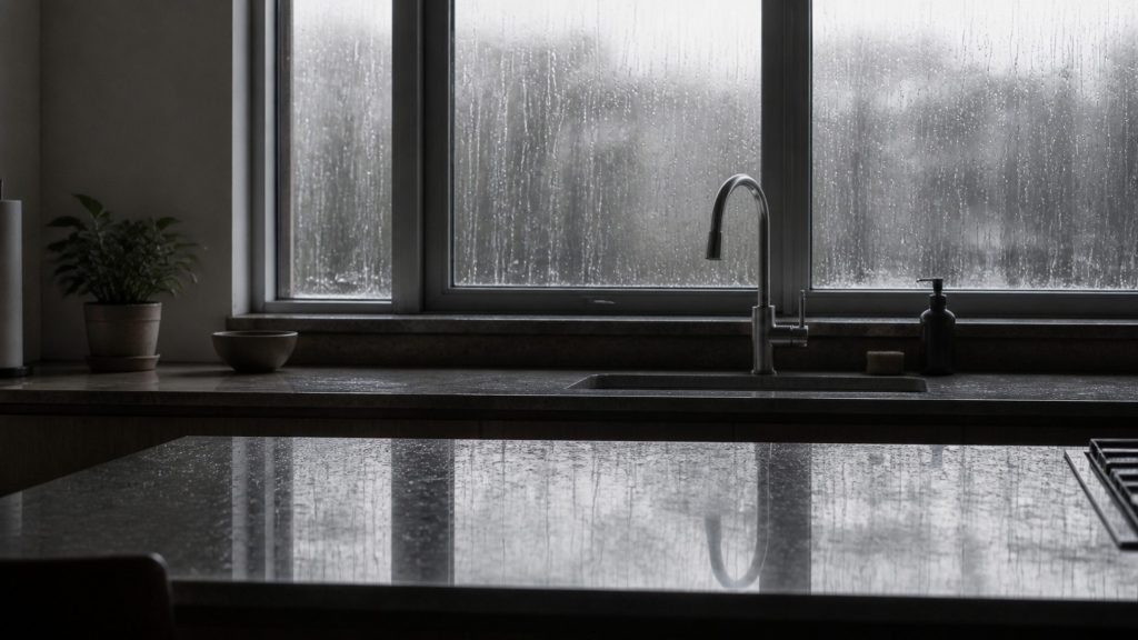A kitchen counter lit only by grey daylight during a heavy rain shower, water running down a window, the room dim and the counter surface reflecting the window.