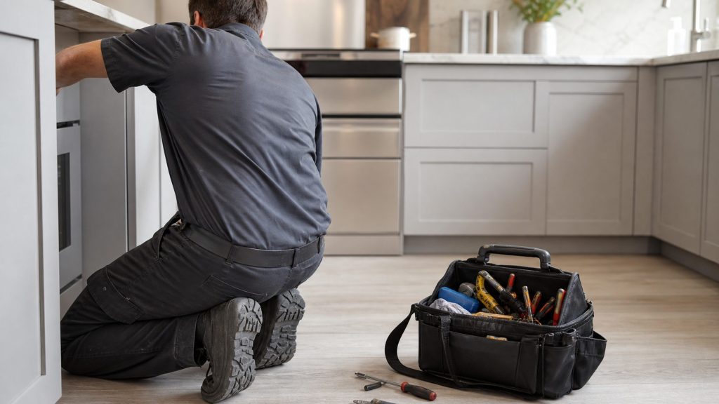 A technician in a plain dark work shirt kneeling on a kitchen floor with an open tool bag, reaching toward a cabinet opening that is out of frame at the left.