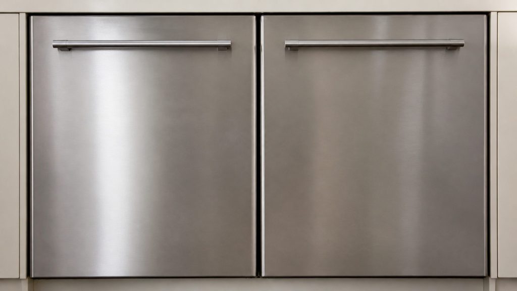 Two stainless appliance doors side by side in a run of pale cabinetry, photographed square on and cropped so only the doors and their handles are in frame.