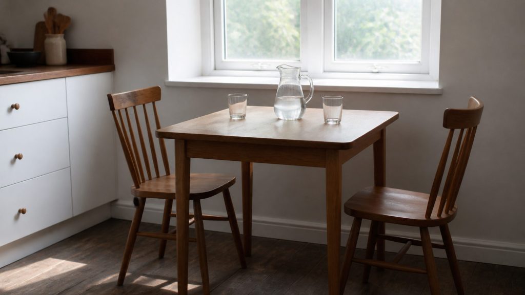 Two wooden chairs at a small kitchen table by a window, bright hazy daylight, a jug of water and two empty glasses on the table.