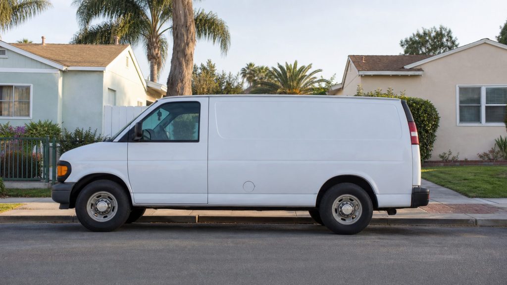A plain white service van parked at the curb of a residential street with low pastel houses and palms, photographed from across the road.