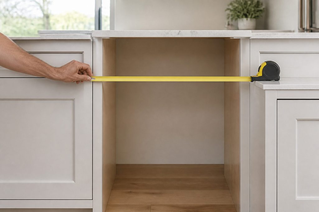 An appliance opening between two runs of pale cabinetry, a tape measure stretched across it and a hand steadying the end.