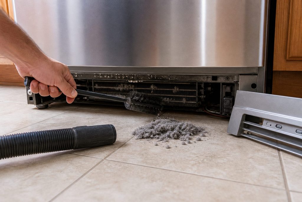A long-handled coil brush being drawn between the condenser fins under the front of a refrigerator with the kickplate removed and propped alongside, a small heap of grey dust drawn out onto the tile and a vacuum hose waiting beside it.