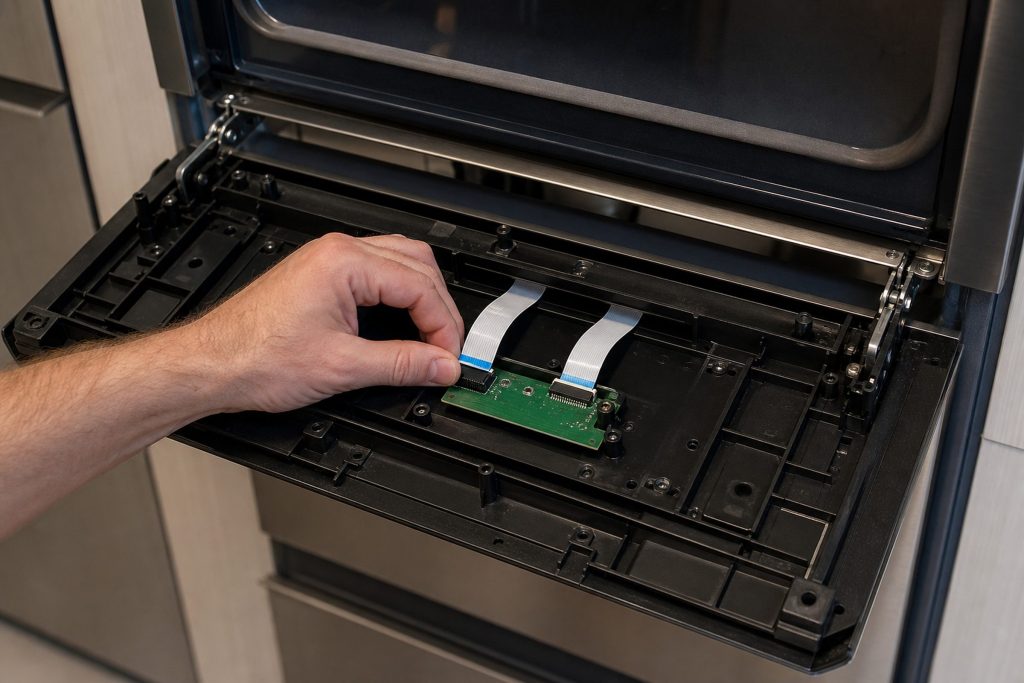 The control panel of a wall oven swung down and forward on its hinge at the top of the appliance, the back of it toward the camera with two ribbon connectors and a small board visible, a hand releasing one connector.