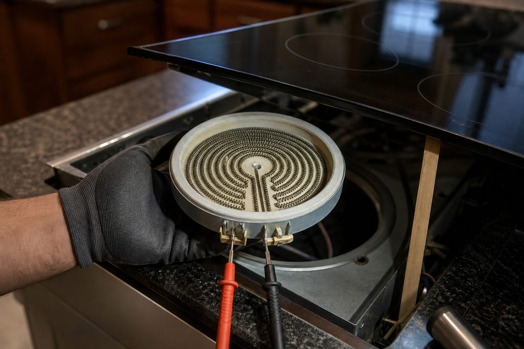 A radiant element assembly lifted out from beneath a hinged ceramic cooktop, the glass panel propped open above on a support, the coiled element resting in one gloved hand with meter probes on its two spade terminals.