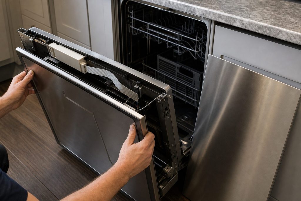 The inner skin of a dishwasher door lifted away and held back on its hinges with the outer panel resting against the cabinet, exposing the flat ribbon cable and the control module in the top rail.