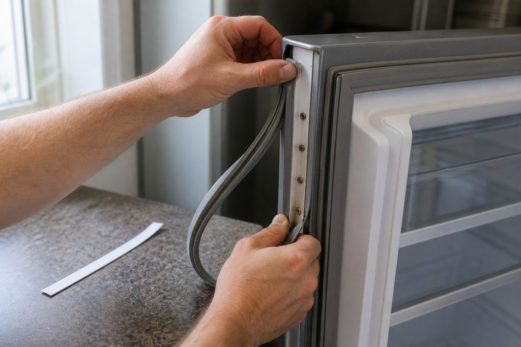 A refrigerator door gasket being peeled out of its retaining channel by two hands, a foot of it already free and hanging, the bare channel and the screw heads behind it visible.