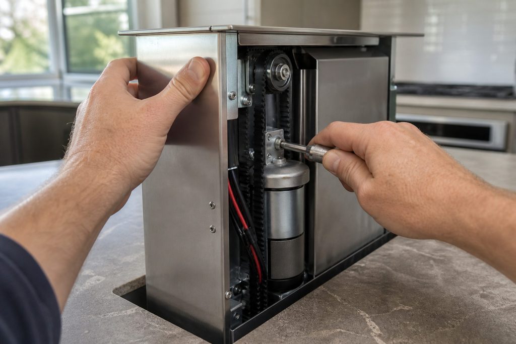 A downdraft vent riser stopped half out of the countertop with its side cover removed, the lift track, drive belt and small motor exposed inside, a hand steadying the riser while the other reaches into the mechanism with a nut driver.