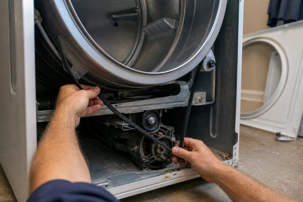 The front panel of a dryer off and standing aside, the drum pulled forward on its supports, two hands routing a new belt around the drum and down under the idler pulley toward the motor shaft.