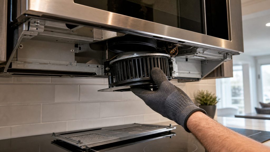 A gloved hand lifting a blower wheel out of the underside of an over-the-range microwave, the grille panel set aside on the cooktop below.