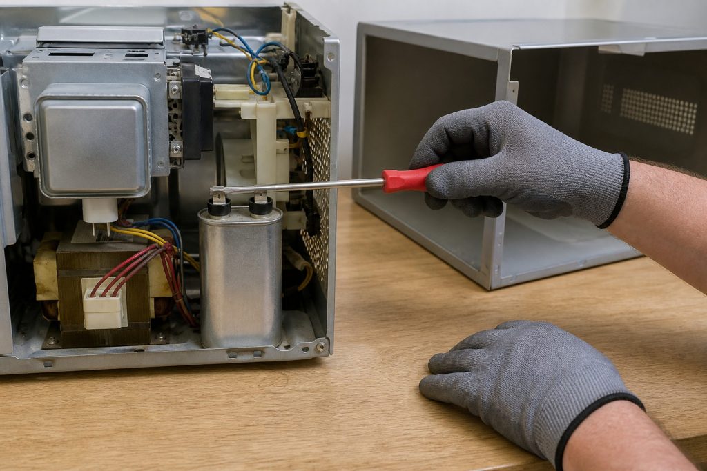 The outer cabinet of a microwave removed and set aside, the high-voltage capacitor exposed in the chassis, an insulated screwdriver held in a gloved hand bridging its two terminals to discharge it, the second hand kept clear.