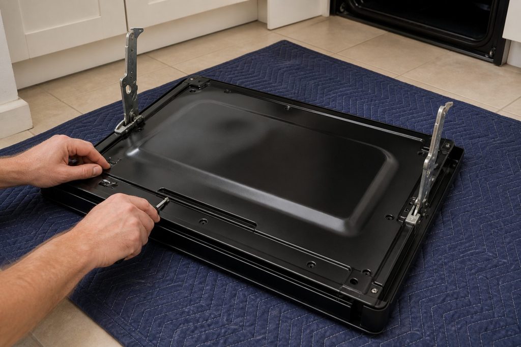 An oven door lifted off the range and laid face down across a padded moving blanket on a kitchen floor, its two hinge arms standing up locked, two hands easing the inner panel screws.