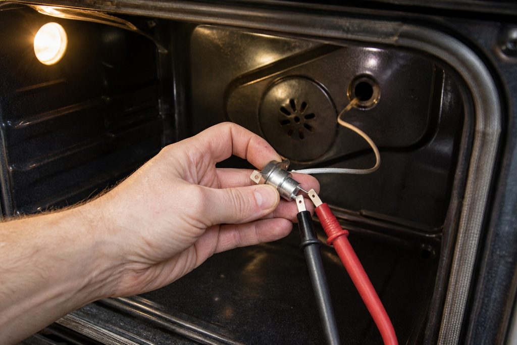 The oven temperature sensor unscrewed from the rear wall of an empty oven cavity and pulled forward into the cavity on its lead, held steady by one hand while two meter probes rest on its terminals.