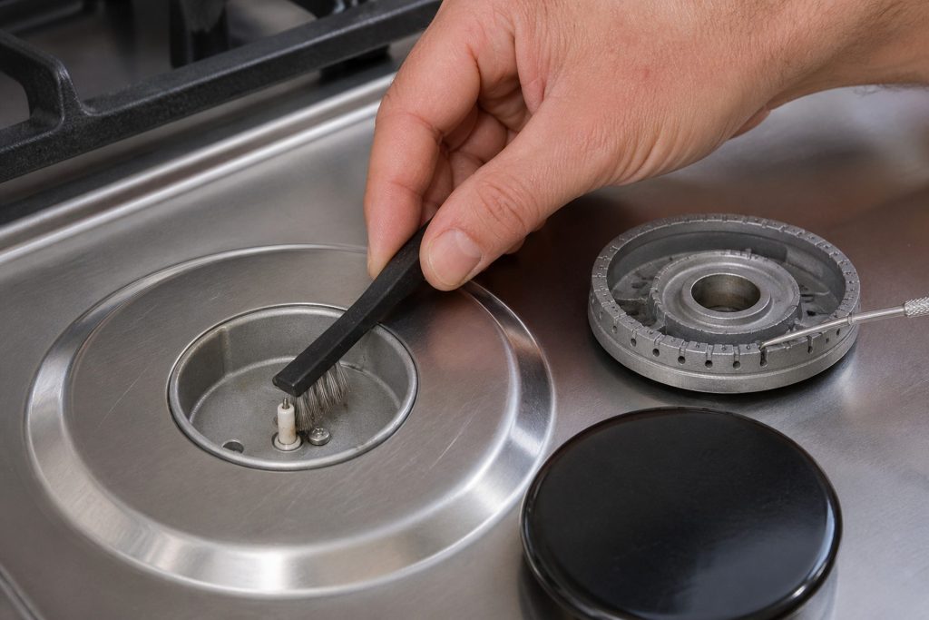 The cap and head of a gas burner lifted off and set on the cooktop beside the empty well, a hand drawing a fine wire brush across the ignition electrode standing in the well and a thin pick clearing one of the flame ports.