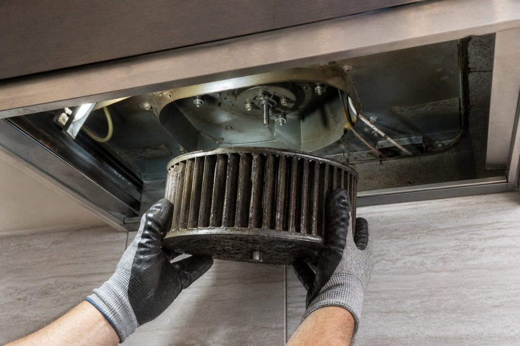 A squirrel-cage blower wheel unbolted from a range hood housing and lowered out of it in two gloved hands, greasy vanes clearly visible, the empty motor mount and wiring above.