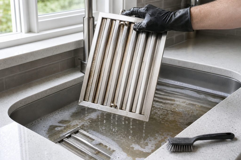 Stainless baffle filters soaking in a sink of hot soapy water with one lifted out dripping in a gloved hand and a stiff brush lying on the counter edge.