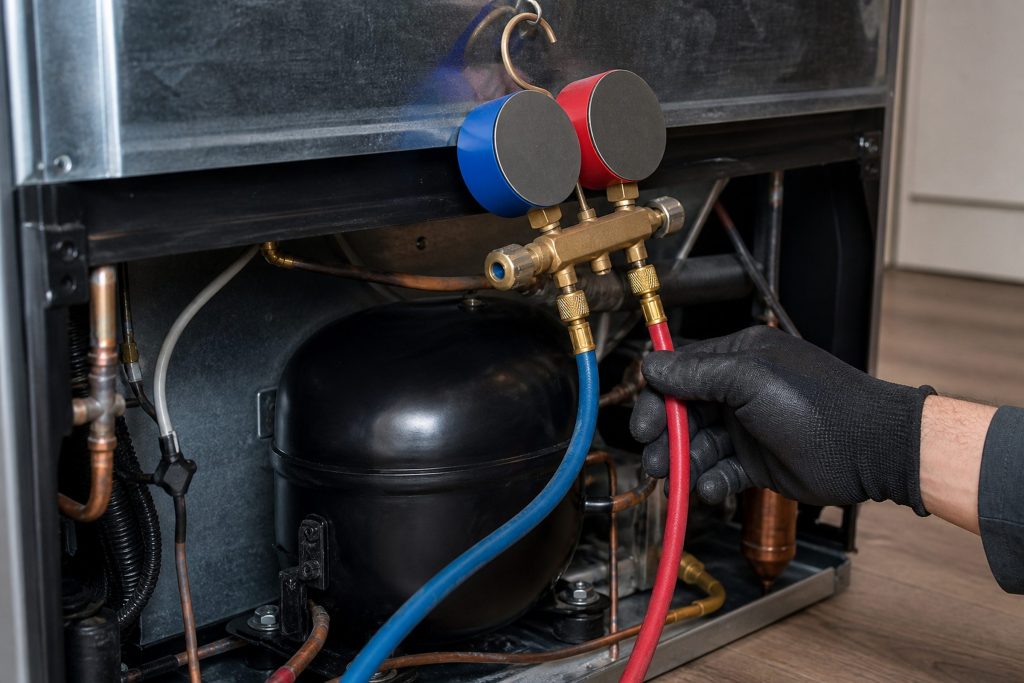 A refrigeration gauge manifold with its two hoses clipped onto the process ports of a compressor in the machine compartment at the back of a refrigerator, the black compressor dome and its copper lines filling the lower frame, a gloved hand on one hose.