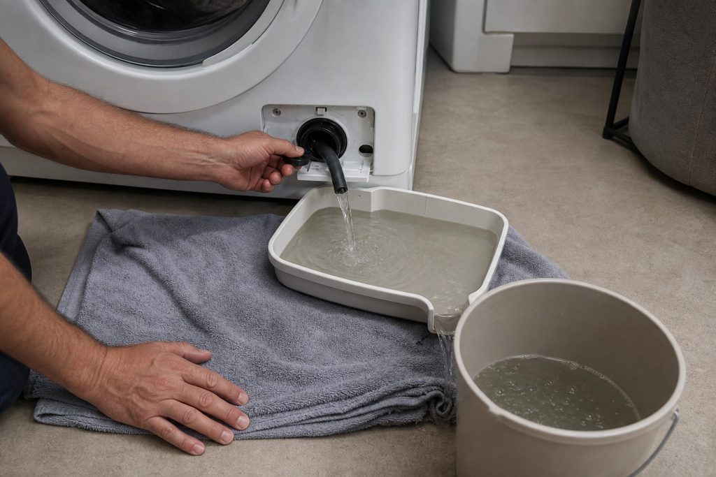 The pump filter trap opened at the lower front corner of a front-loading washer, the short drain spout led into a shallow tray and on into a bucket, grey water running, two hands and a folded towel across the floor.