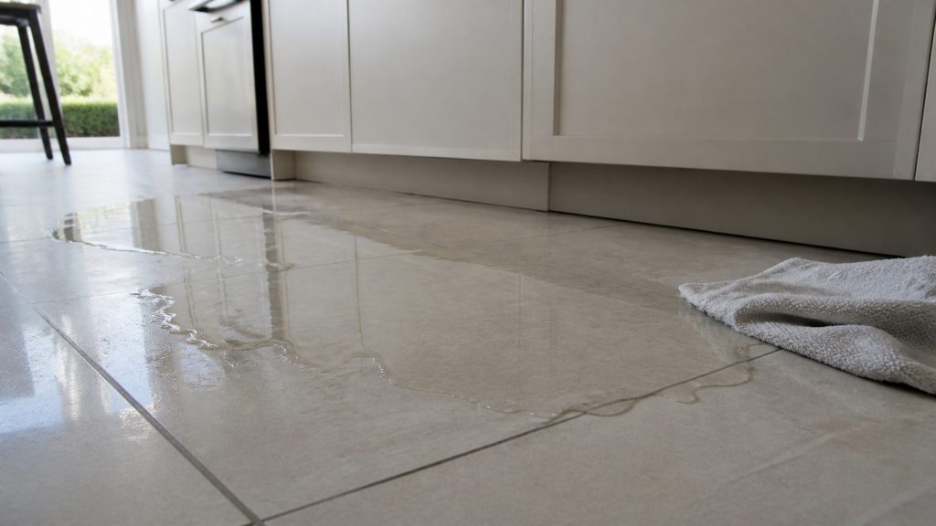 A spreading pool of water across a pale tile kitchen floor at the foot of a run of cabinets, a folded towel dropped at one edge of it.