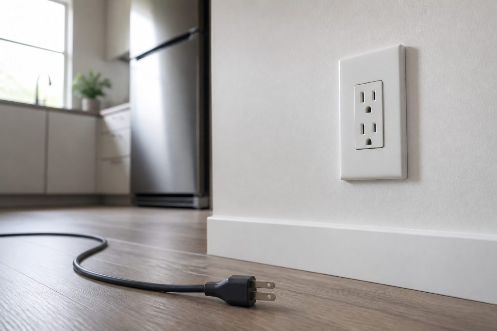 A power cord and plug lying loose on a kitchen floor beside a wall outlet, the plug not inserted.