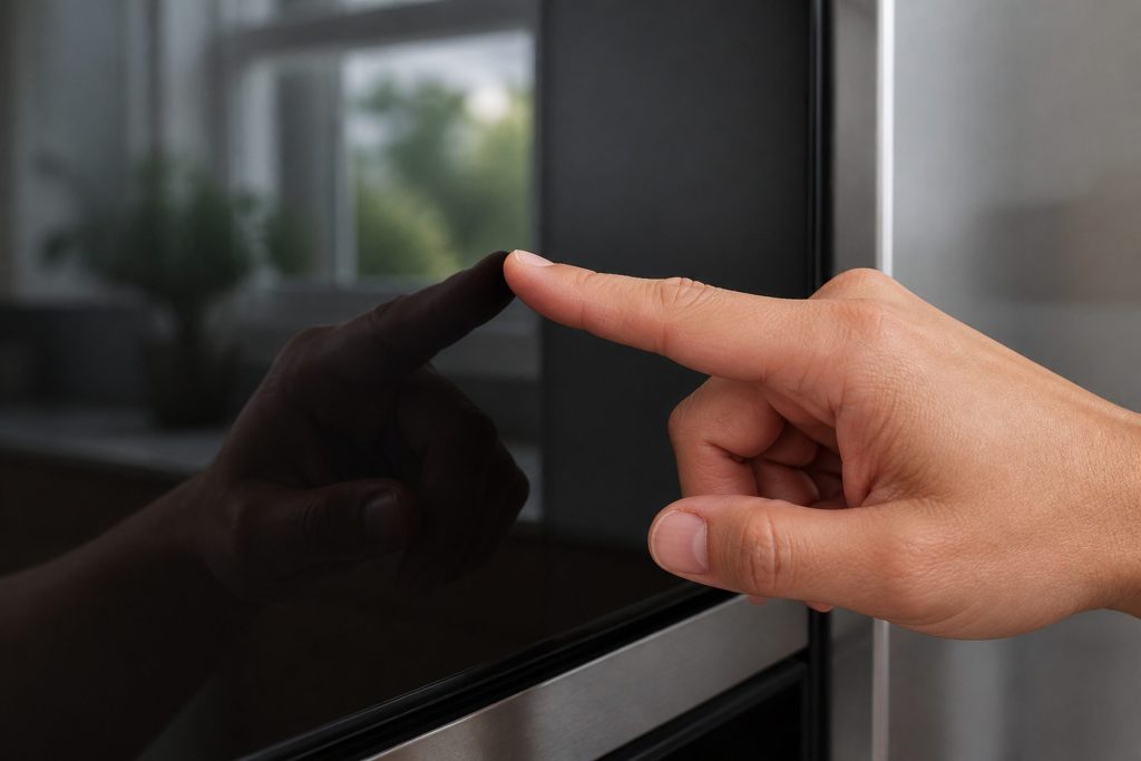 A hand pressing a blank dark glass control surface with nothing lit under it, reflections of a kitchen window across the glass.