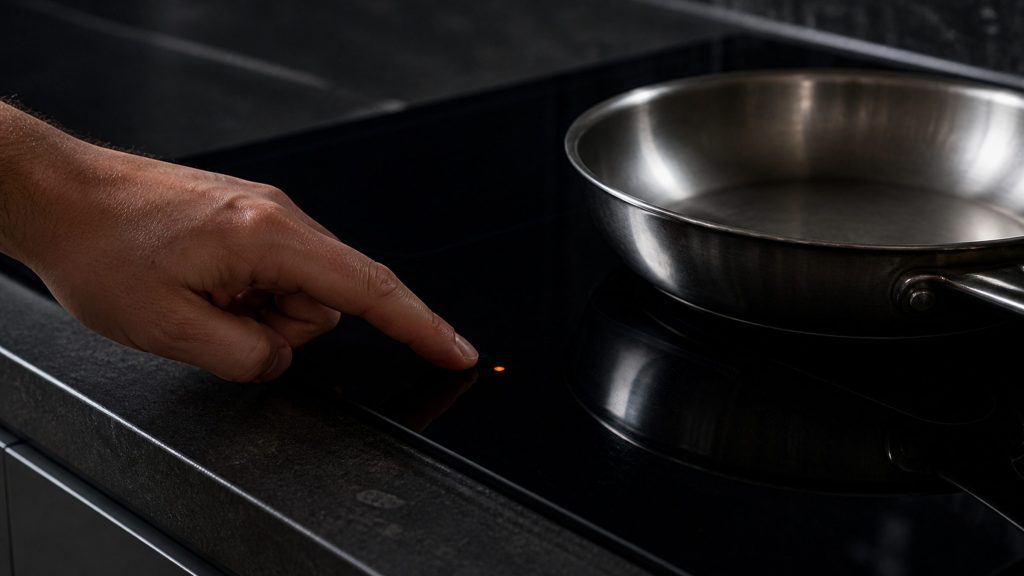 A finger held on a black glass cooktop control area, one small orange indicator lit beside it, a pan on the surface behind
