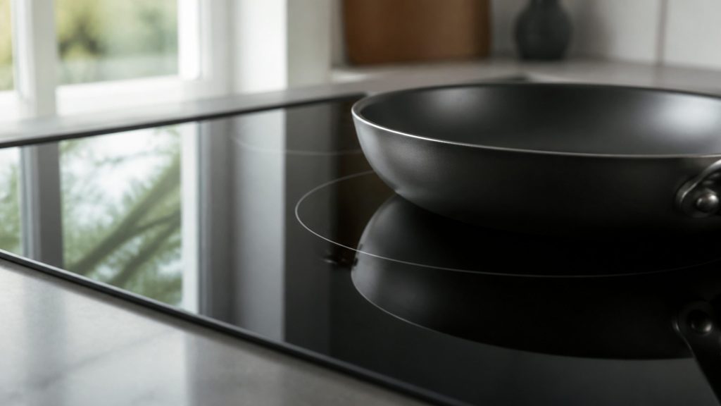 A smooth black ceramic cooktop surface photographed at a low angle, one cooking zone outline visible, a pan sitting cold on it, no glow anywhere