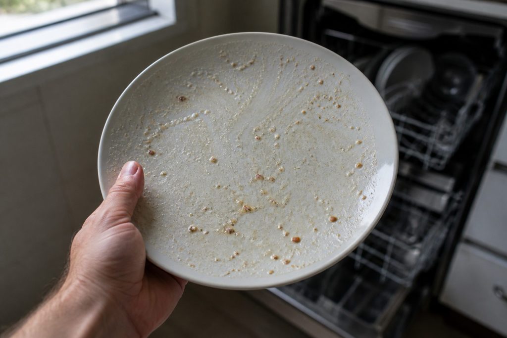 A plate held up to the light with dried food still stuck to it and a gritty film across the surface, an open dishwasher soft in the background.