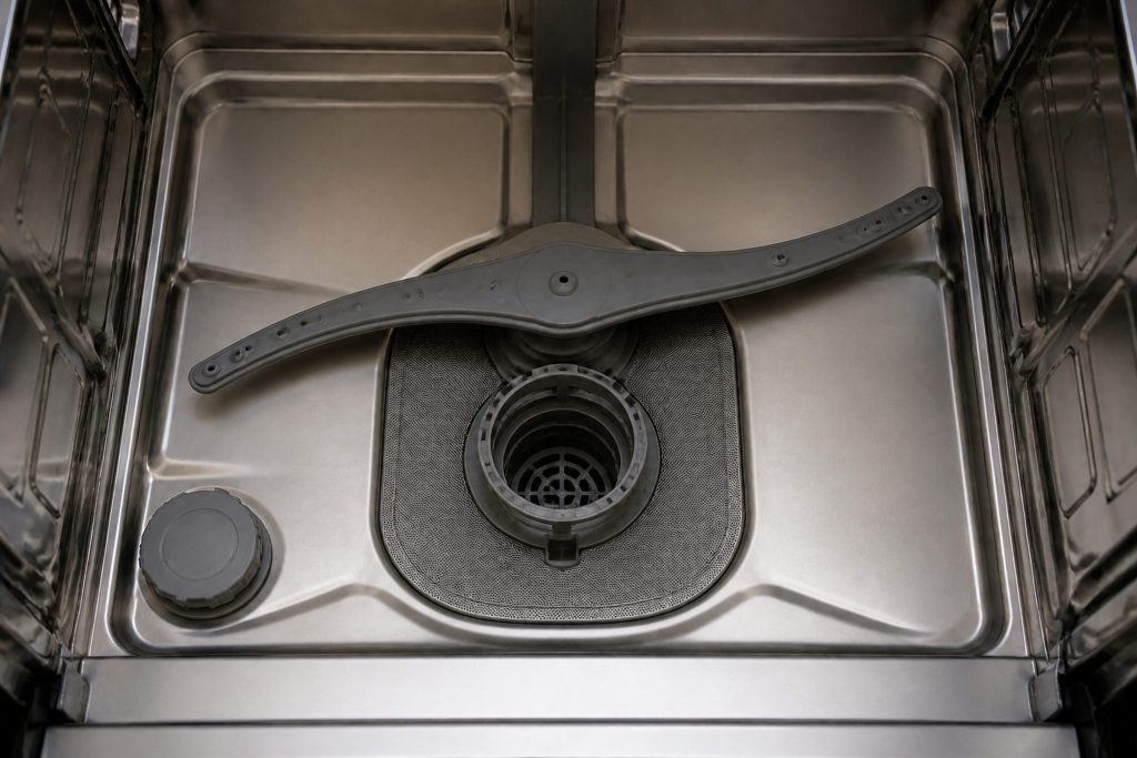 A completely dry dishwasher tub floor with the filter cylinder in the middle of it, no water anywhere, the spray arm still.