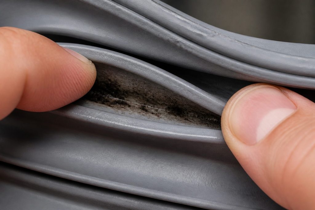 Two fingers holding open the fold of a grey rubber door seal, dark residue visible in the crease.