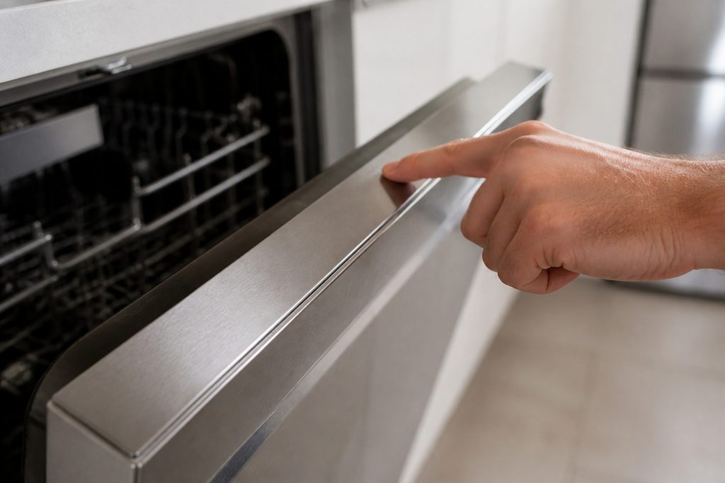 A hand pressing a blank brushed steel control strip along the top edge of an open dishwasher door, nothing lit anywhere on it.