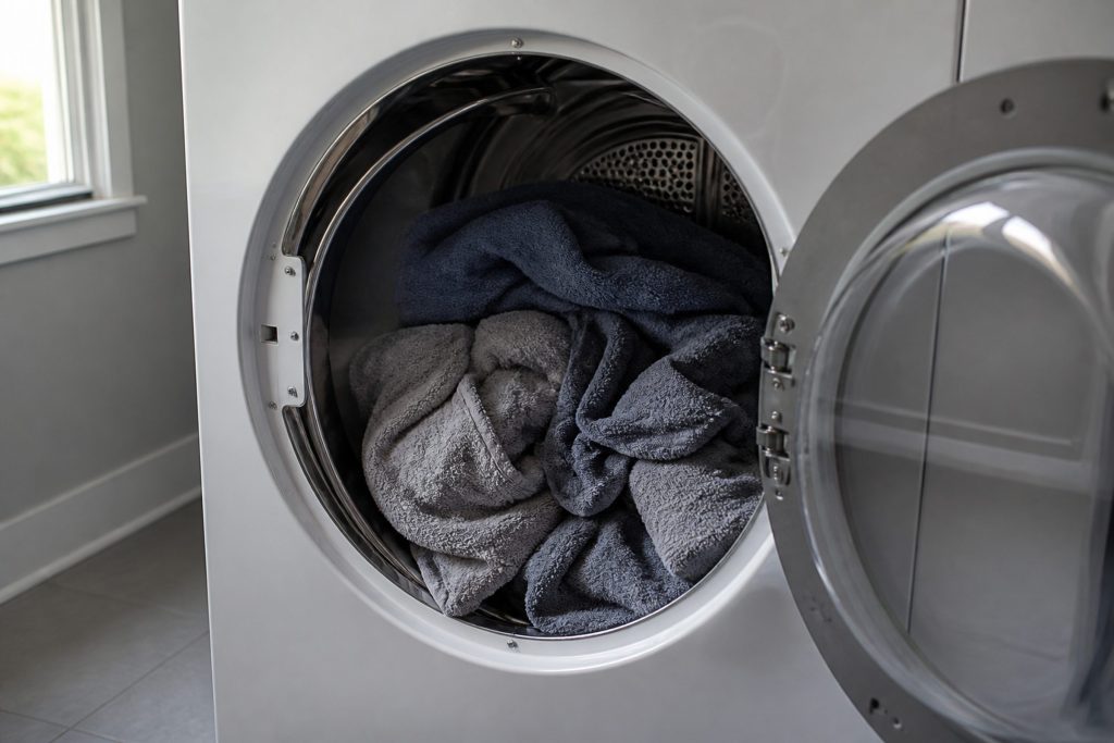 An open dryer drum with damp towels tumbled inside it, the door swung wide, cool daylight from a laundry room window.