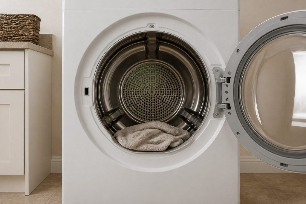 A dryer drum standing open and still with a single towel resting at the bottom of it, the drum baffles clearly not moving.