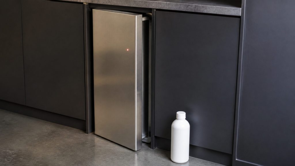 A narrow stainless door ajar in dark cabinetry with one small red light on the blank fascia, a plain white bottle on the floor beside it.