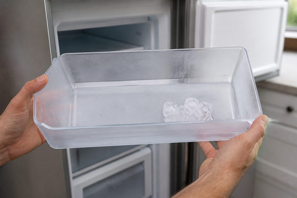 An empty ice bin pulled out and held level, a few loose cubes fused into a lump in one corner and the rest bare plastic.