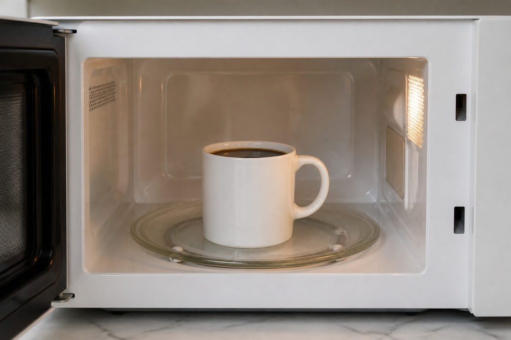 A white mug of coffee standing on a glass turntable inside an open microwave, the interior light on, no steam at all.