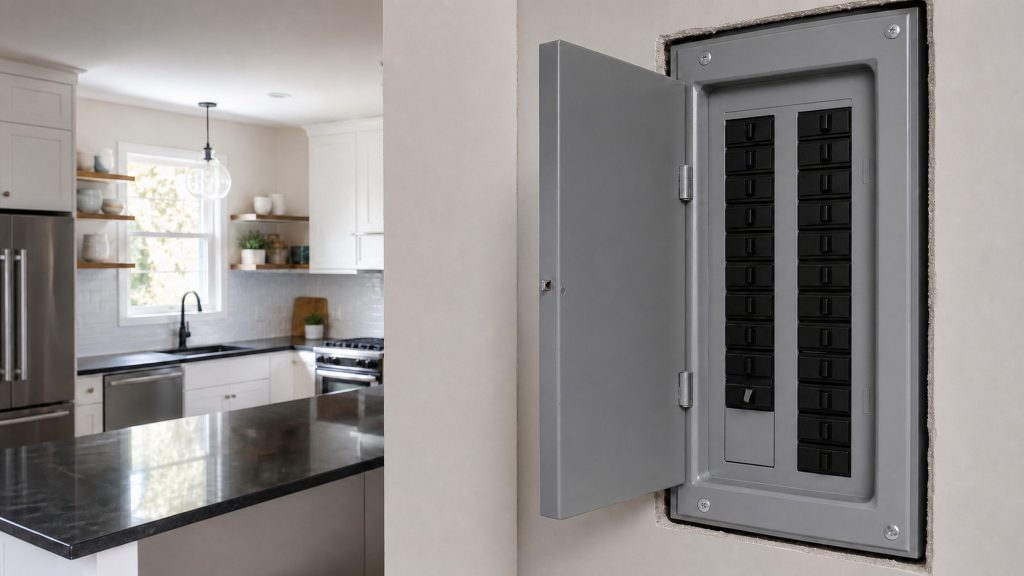 A kitchen in daylight with a household breaker panel open on the wall at the right, rows of identical unmarked breakers, one switched down, and a dark counter beyond.