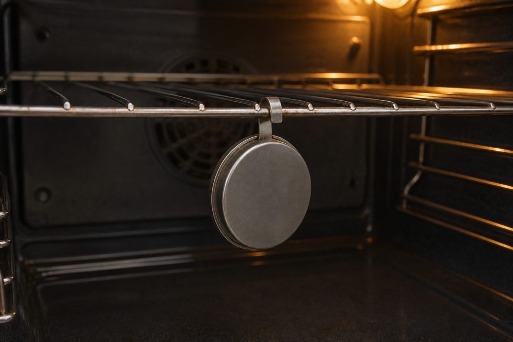 A standalone oven thermometer hanging from a wire rack in an empty oven cavity, its dial turned away from the camera so no reading is legible.