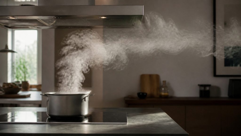 Steam rising from a pot on a cooktop and drifting sideways across the kitchen instead of being drawn up into the hood above it.