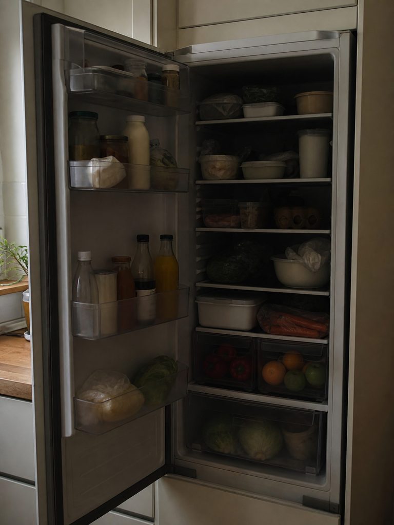 An open refrigerator standing dark inside, full of food, lit only by kitchen light spilling in from the left so most of the interior is in shadow.