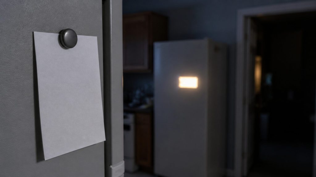 A dim kitchen at night with a refrigerator door panel glowing warm out of focus in the middle distance, a shopping list magnet sharp in the foreground.