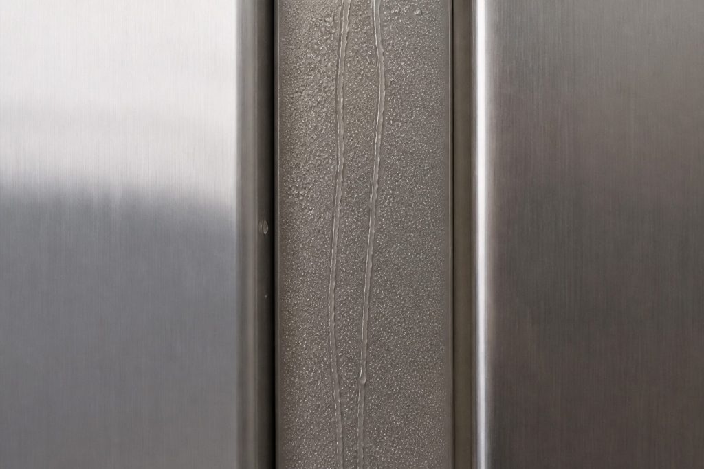The narrow vertical strip between two refrigerator doors, beaded with condensation, water running down it in two thin lines.