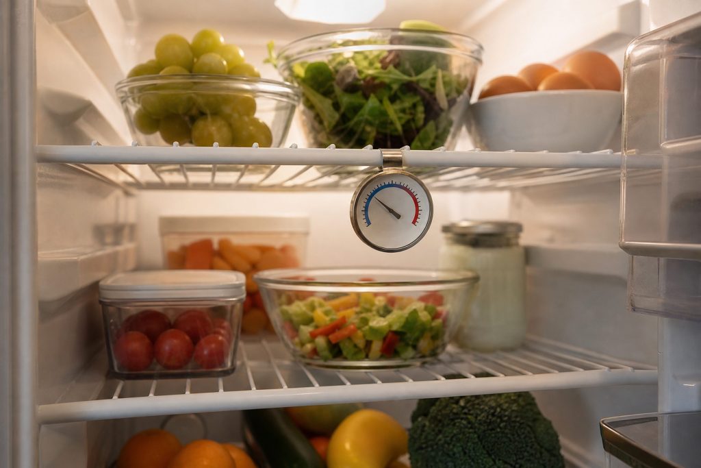 An open refrigerator seen from inside at shelf level, food on the shelves, a small thermometer clipped to a wire shelf, everything lit by the interior light.