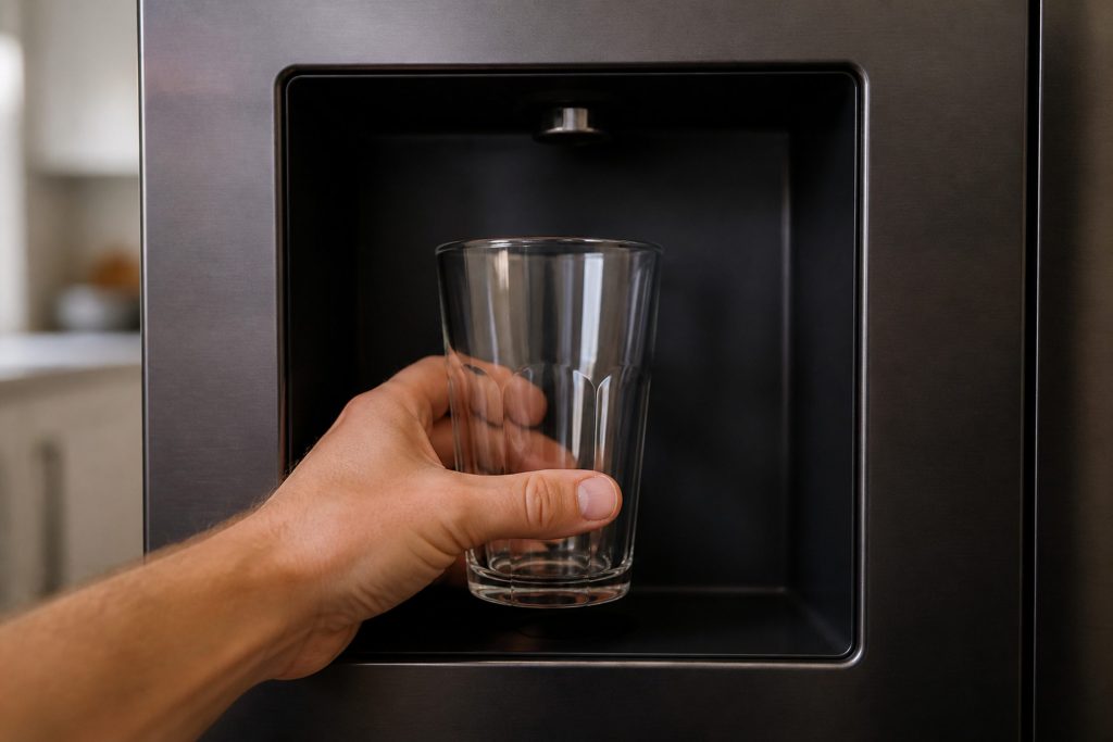 A glass held under a recessed in-door water dispenser with nothing coming out, a hand steadying the glass.