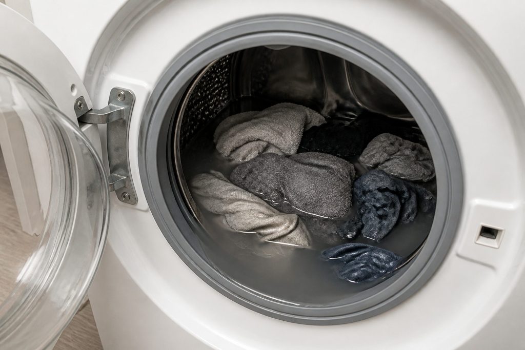 Looking down into the drum of a front-loading washer through its open door at wet laundry sitting in several inches of grey water.